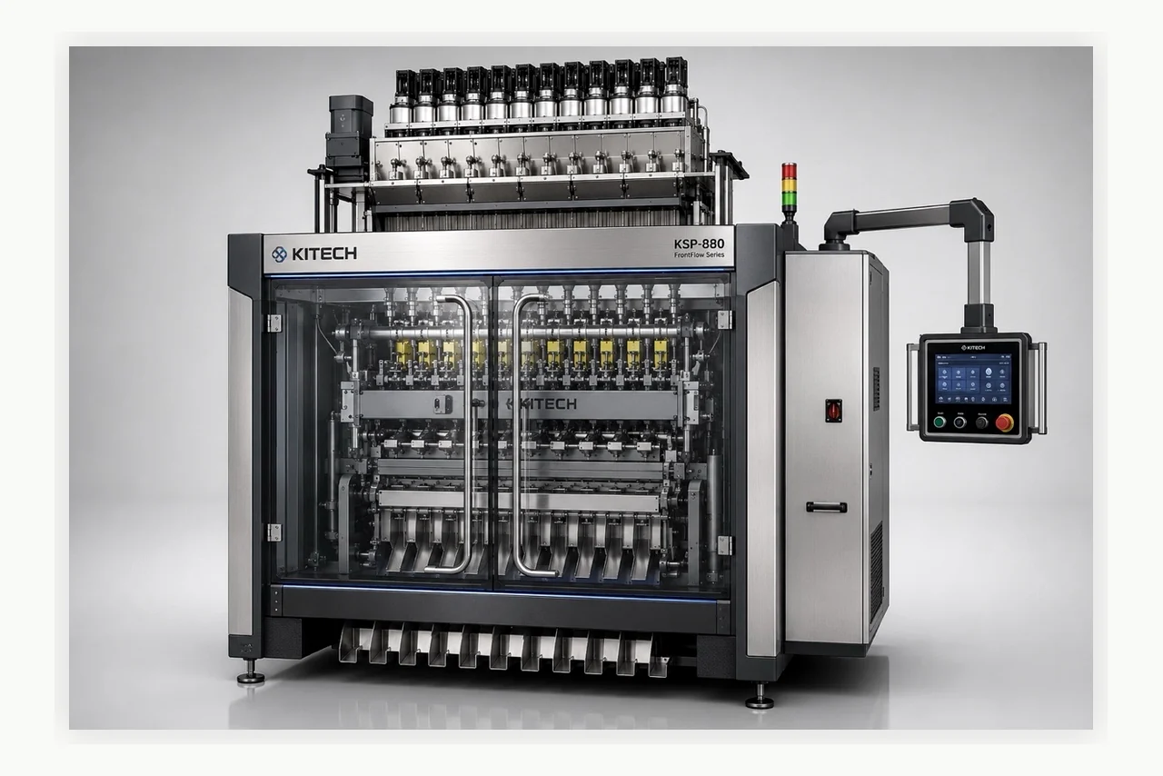 Complete multi-lane stick pack machine front view with synchronized lane motion preview